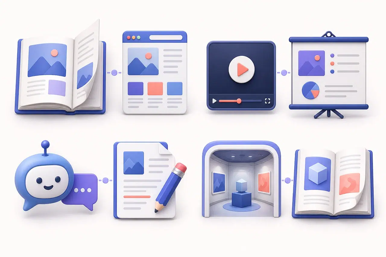 Comparison of flipbook and website video and presentation chatbot and document plus 3D exhibition and flipbook