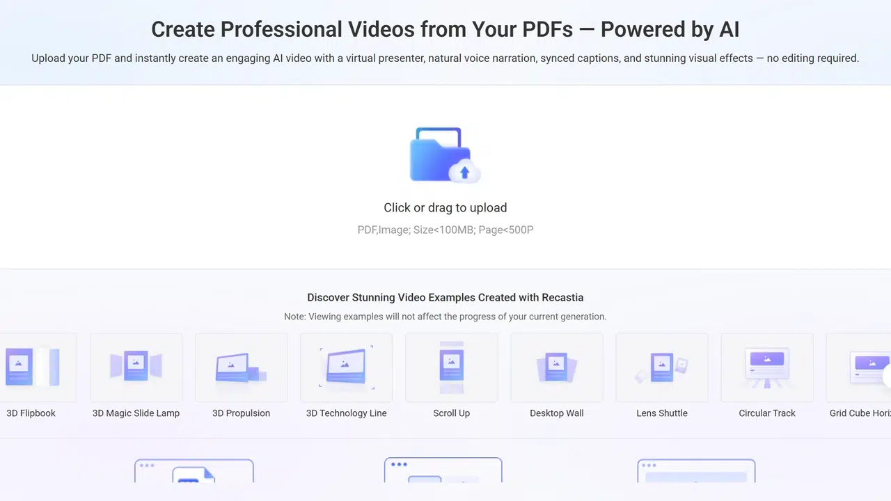 Recastia PDF upload page for high quality video conversion