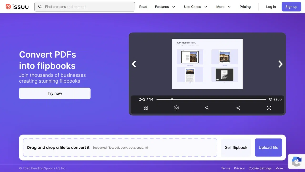 Issuu digital publishing platform homepage with magazine and catalog showcase