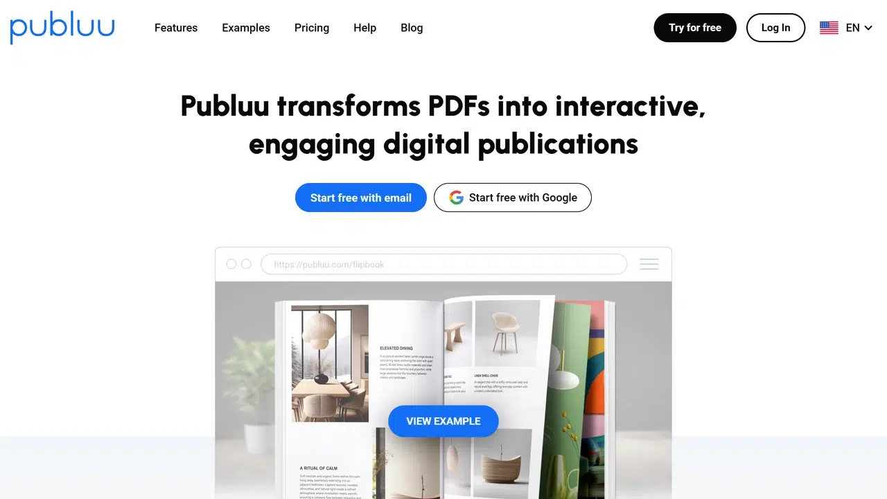 Publuu flipbook maker free homepage with PDF upload button
