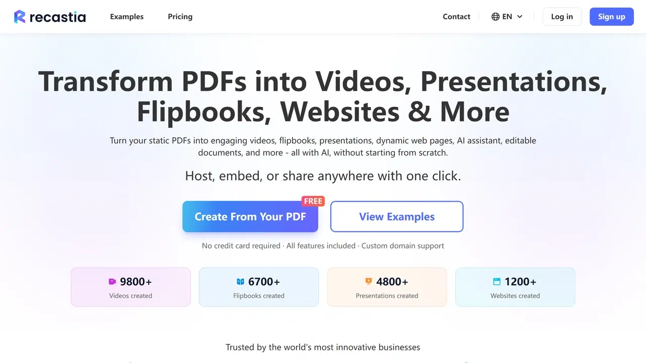 Recastia online flipbook creator homepage with PDF to flipbook conversion options