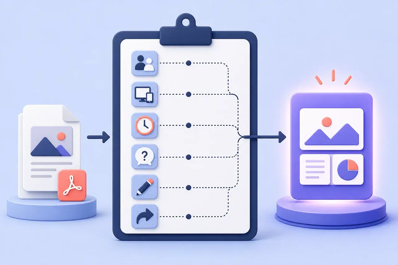 Format selection checklist connecting a source PDF to audience device pacing questions editing and sharing decisions