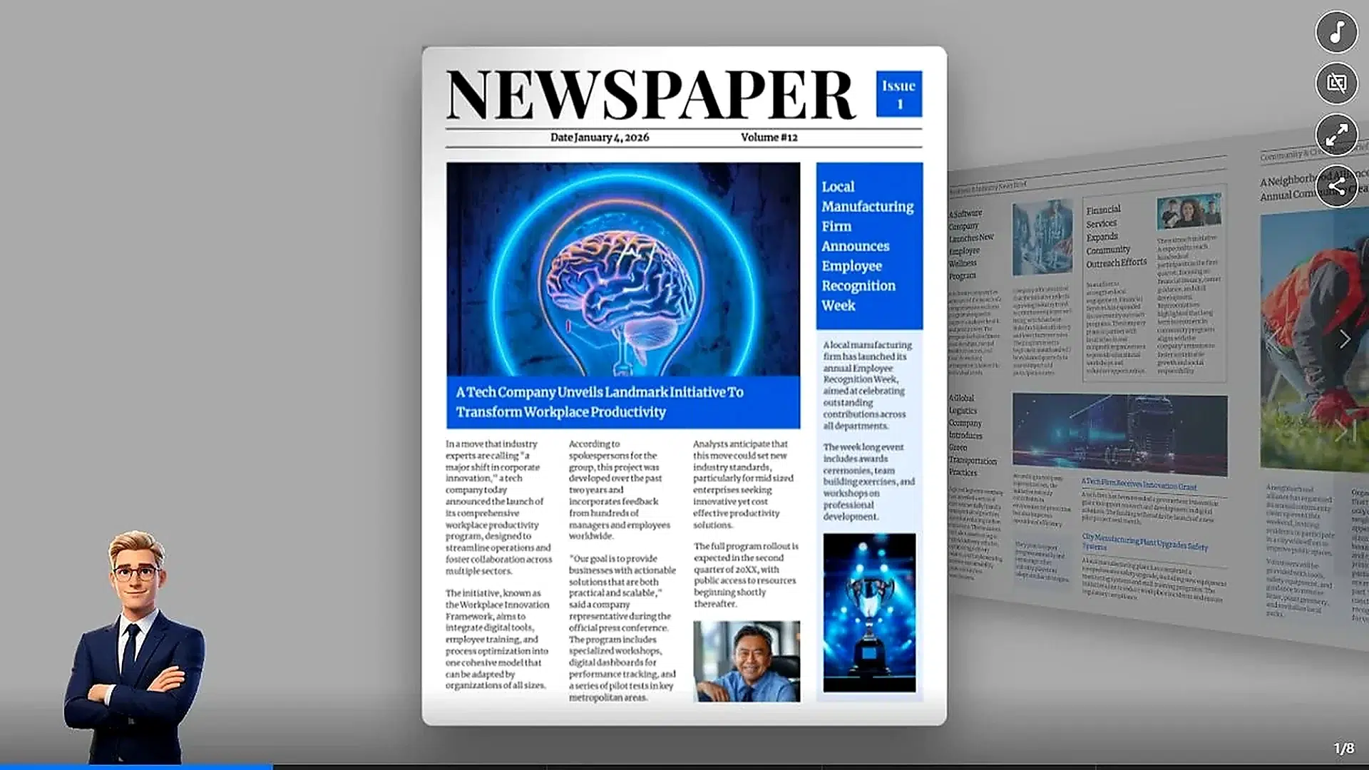 Newspaper announcement presentation displayed in the official Recastia example