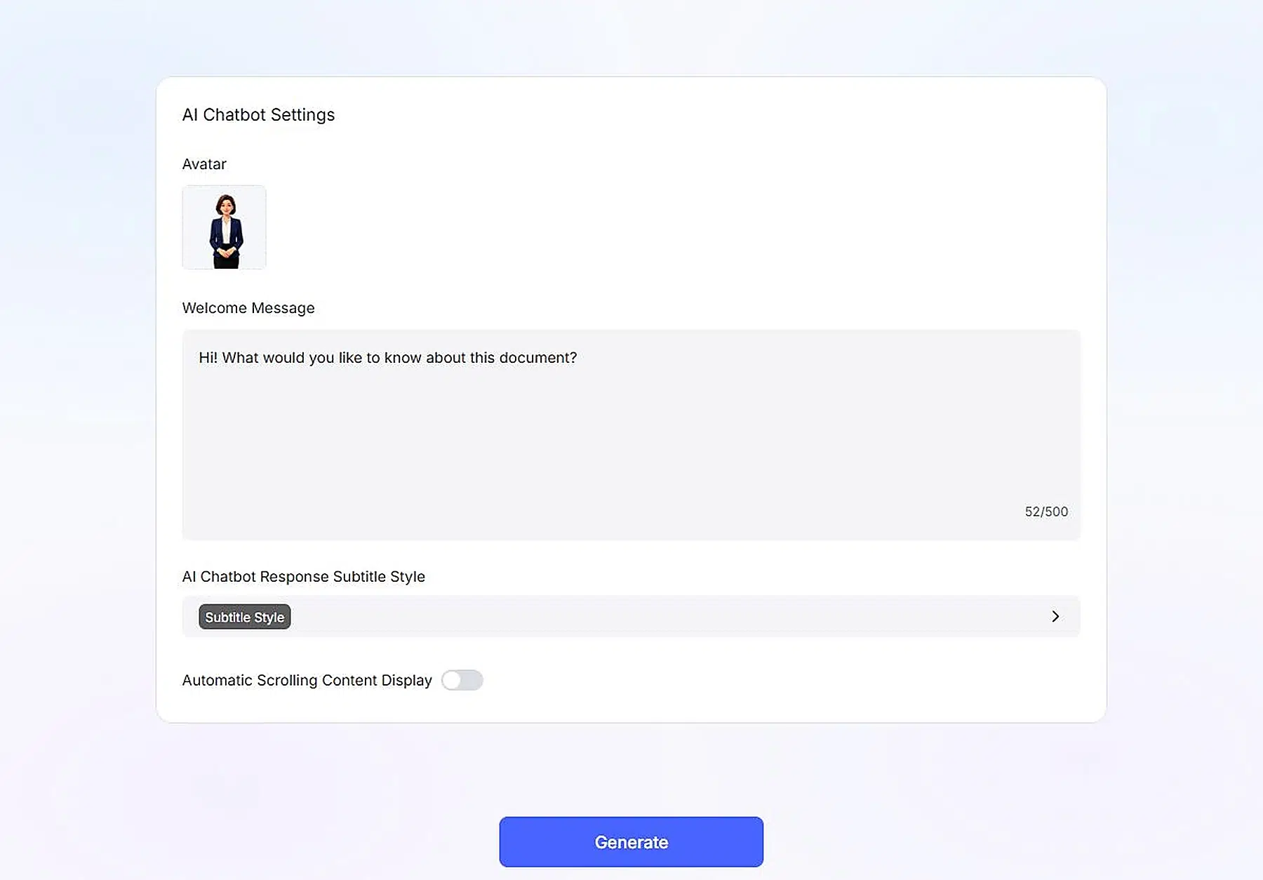 Recastia features for PDF chatbot avatar and response settings