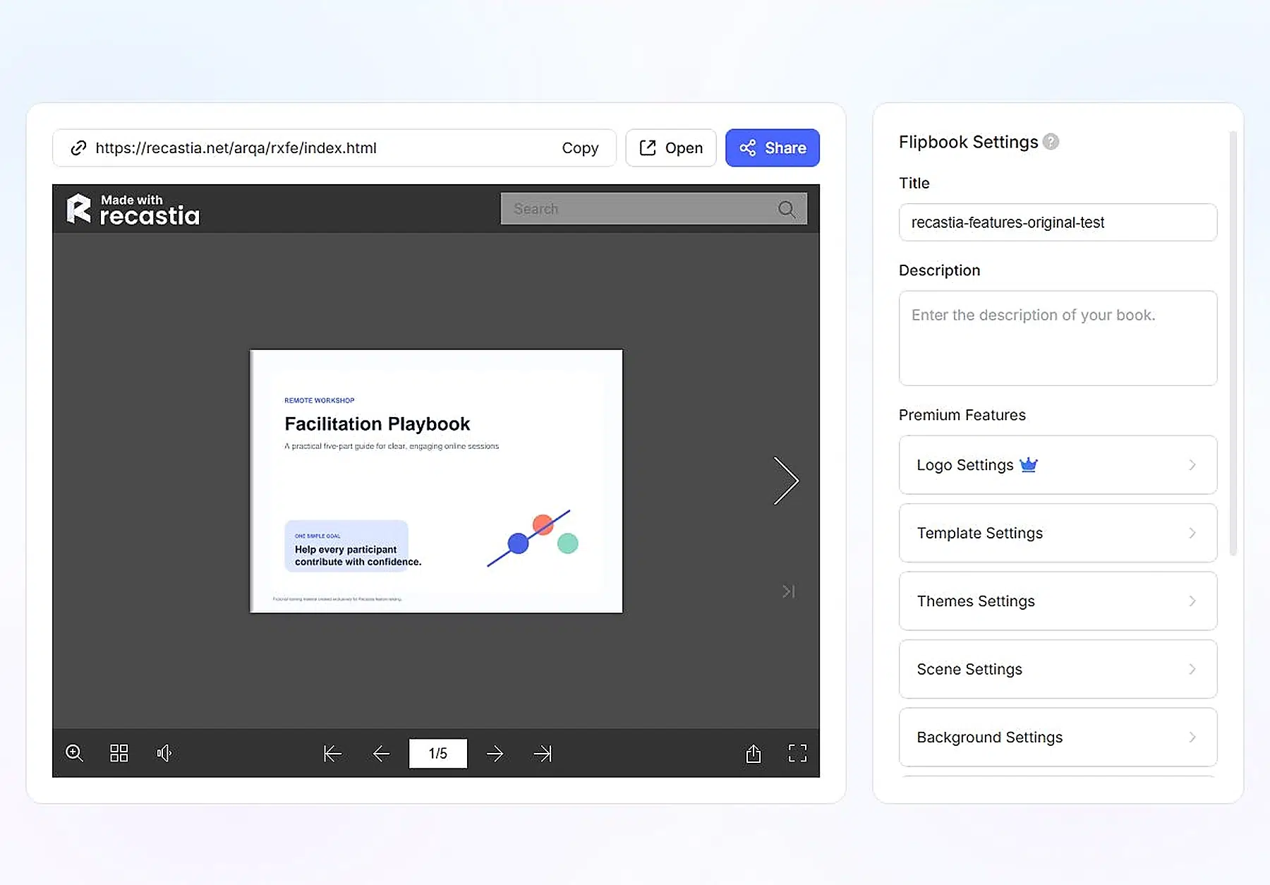 Recastia features for PDF to Flipbook preview and customization settings