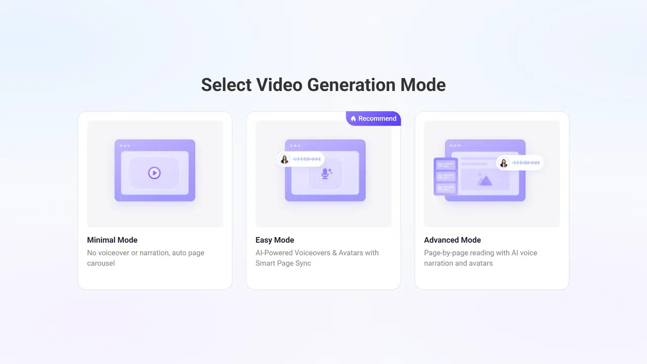 Recastia video generation mode selection with Easy Mode recommended