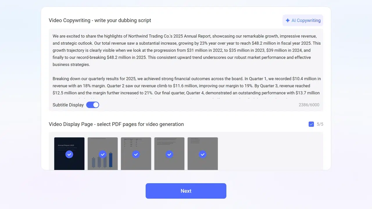 Recastia AI copywriting page with generated annual report narration script