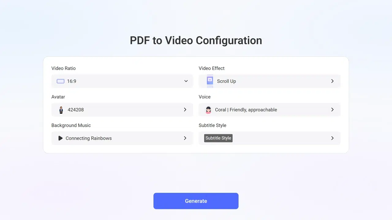 Recastia video configuration with Scroll Up effect selected for high quality output