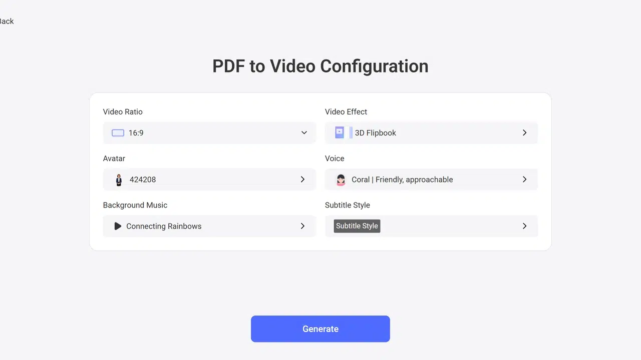Recastia PDF to video configuration: ratio, effect, avatar, voice, music, subtitles