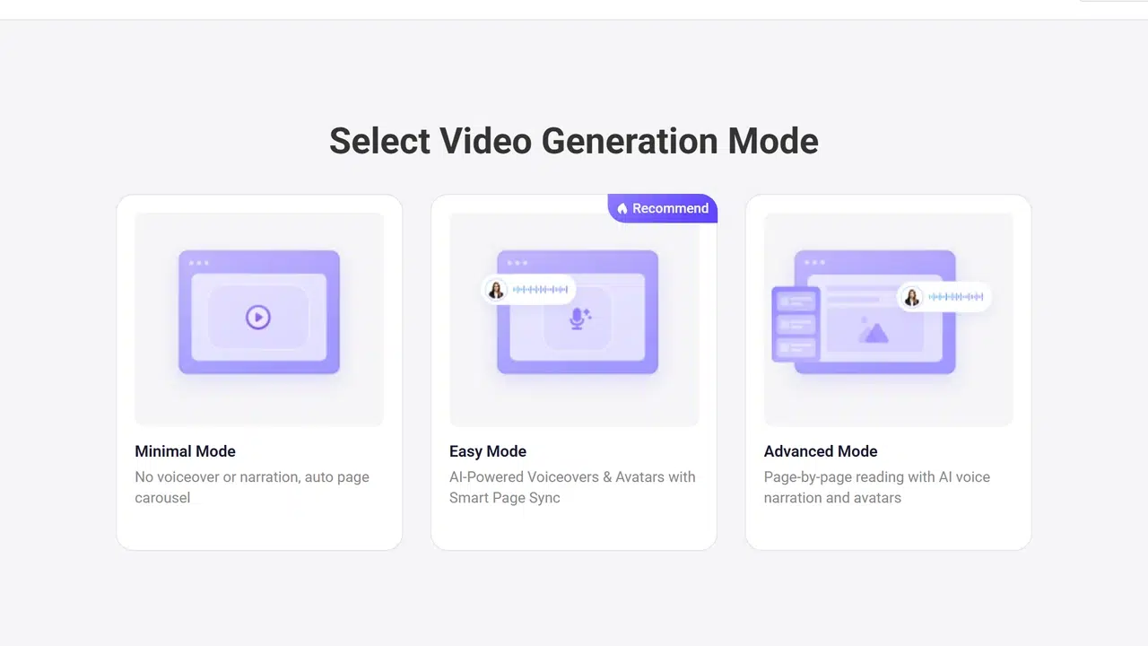 Recastia video generation mode selection: Minimal, Easy, and Advanced