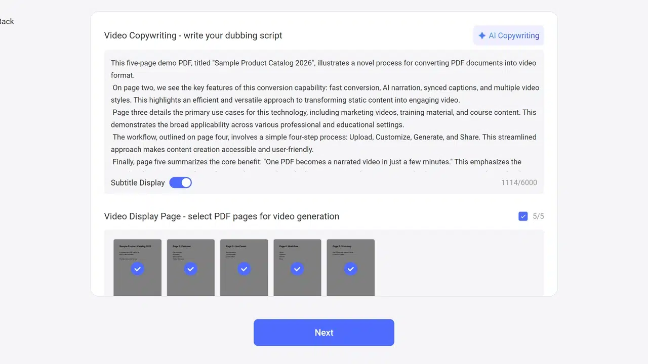 Recastia AI copywriting page with generated voiceover script and page selection