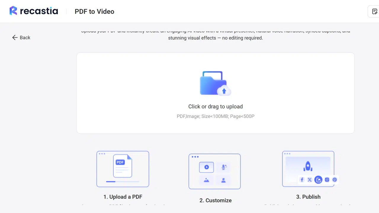 Recastia PDF upload page for video creation