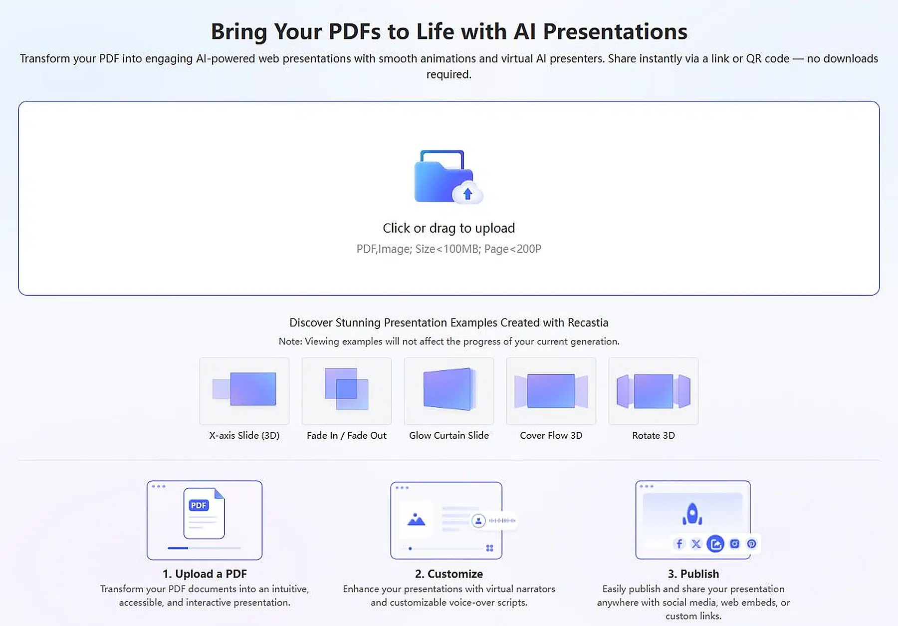 Recastia features for PDF to Presentation transition styles