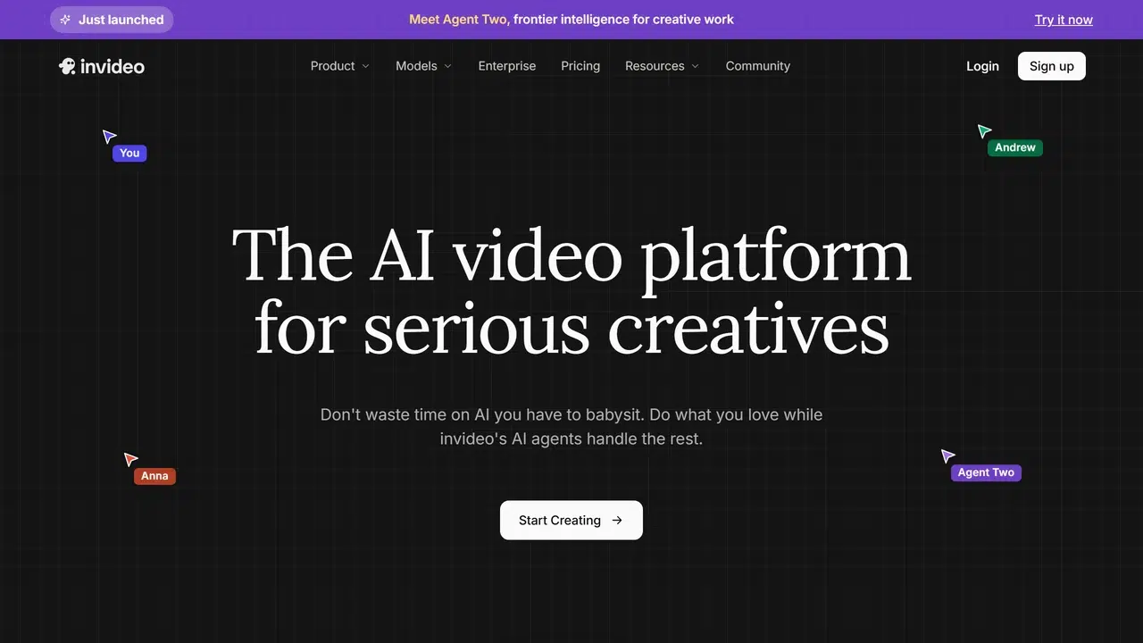 invideo AI homepage for prompt-based video creation