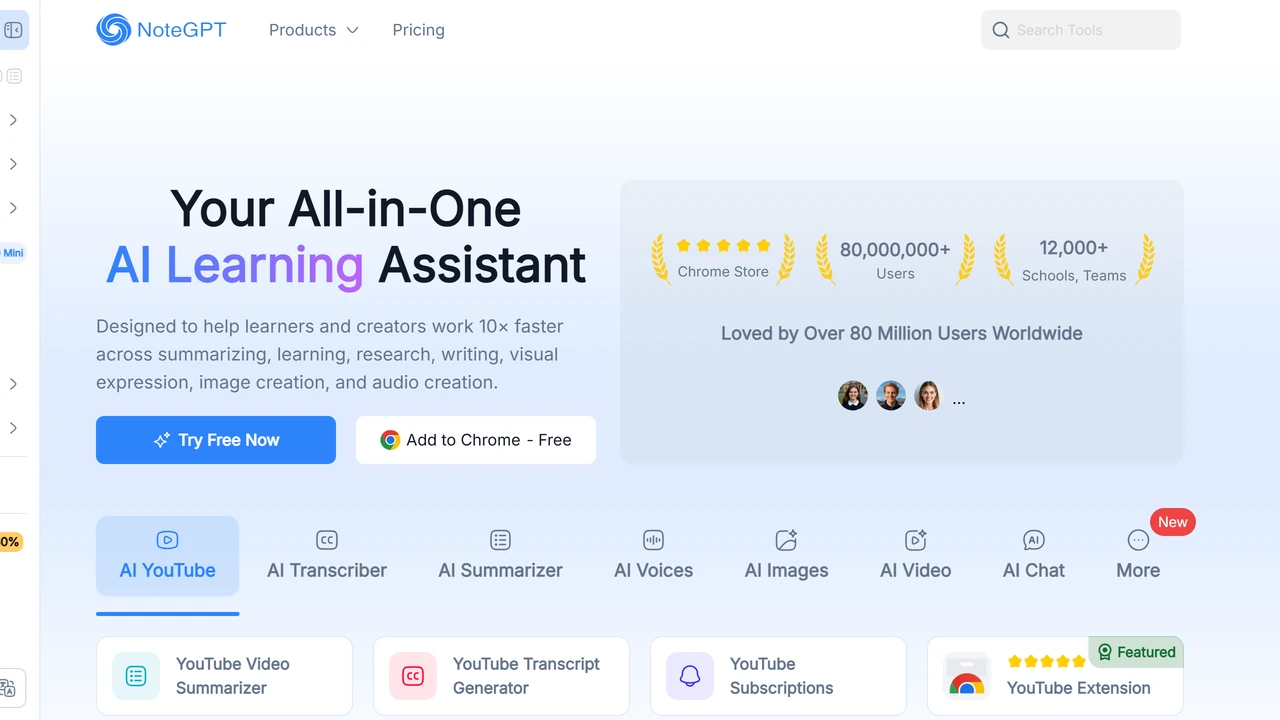 NoteGPT homepage showing AI learning tools