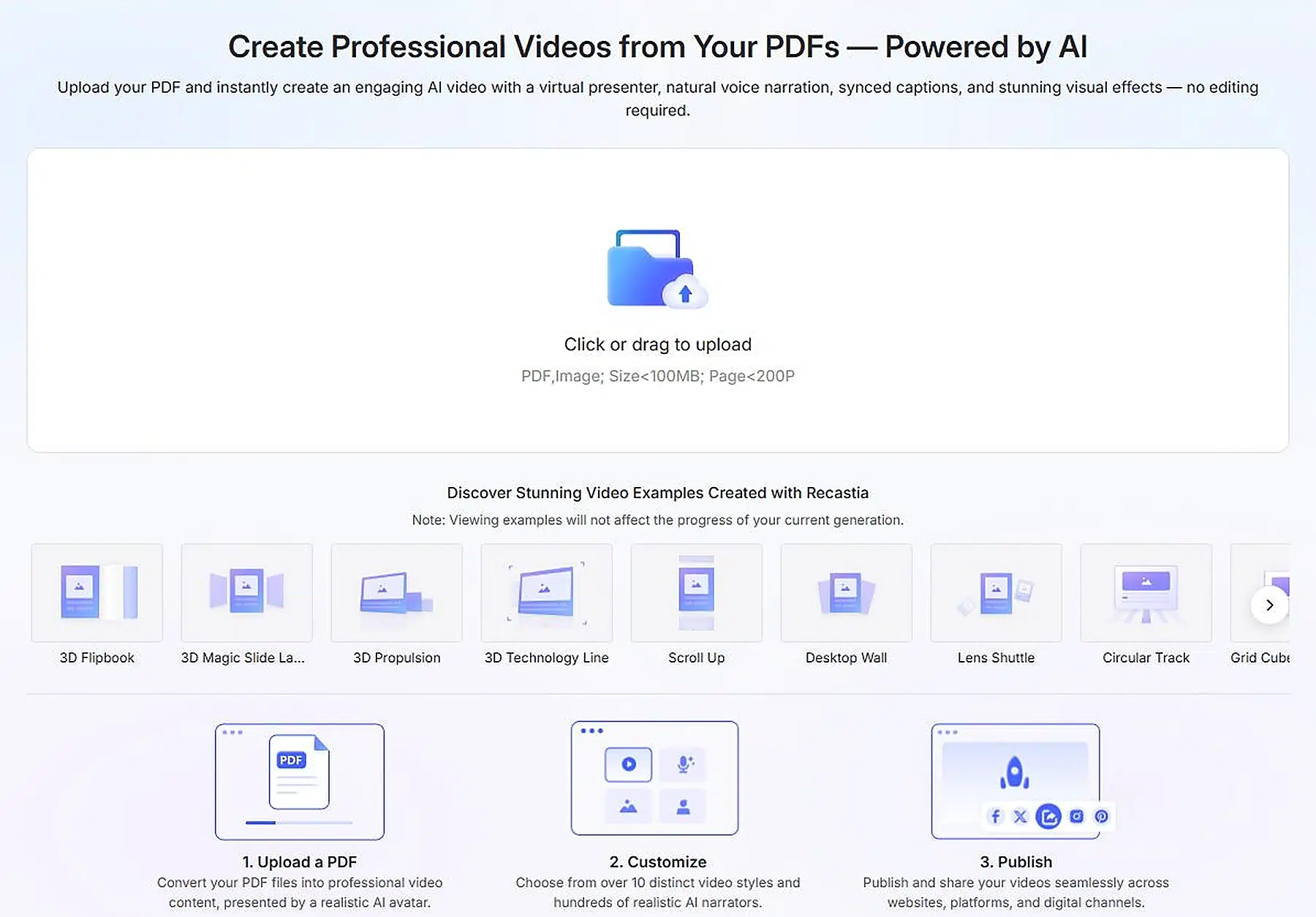 Recastia features for PDF to Video styles and the three-step creation flow