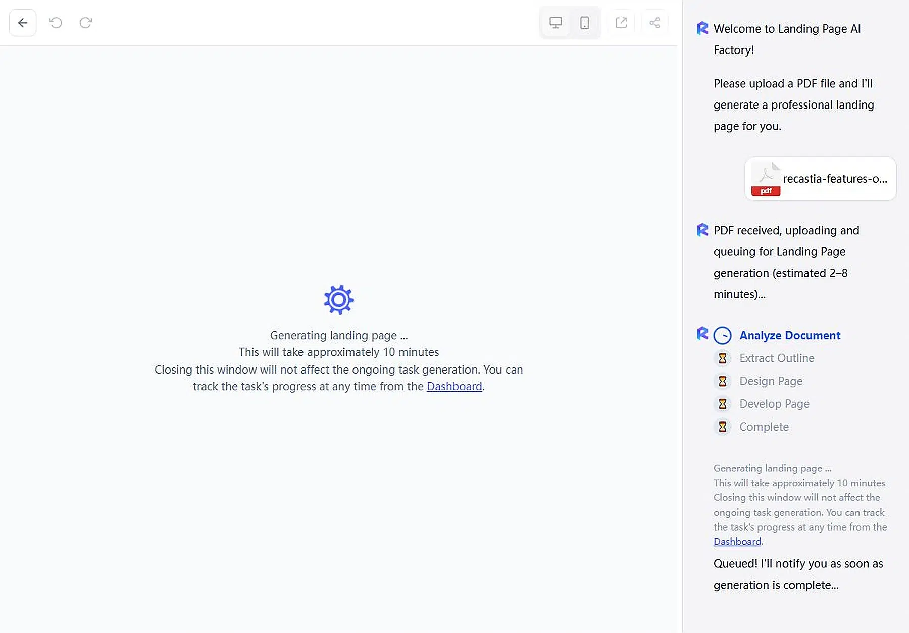 Recastia features generating a landing page from an original PDF