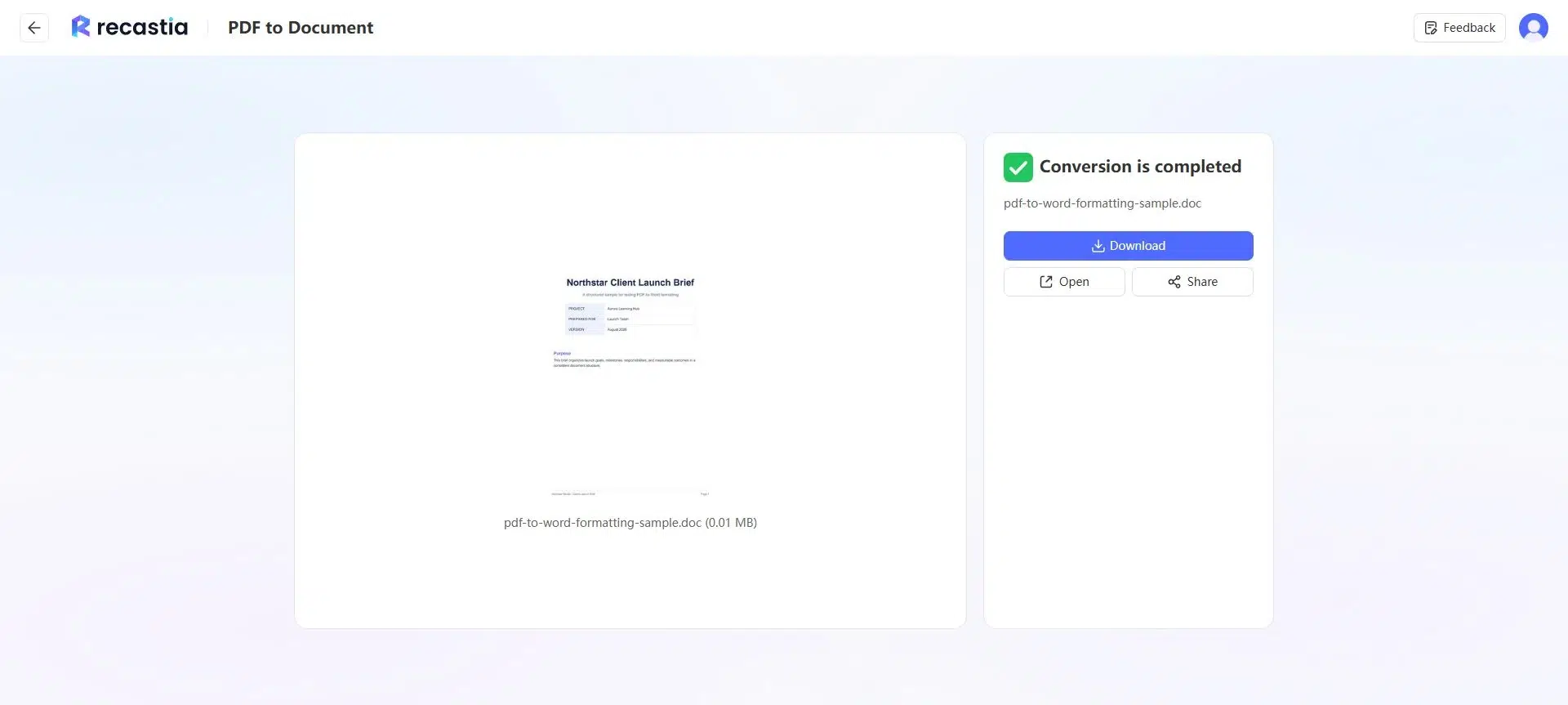 Completed PDF to Word conversion with Download Open and Share options
