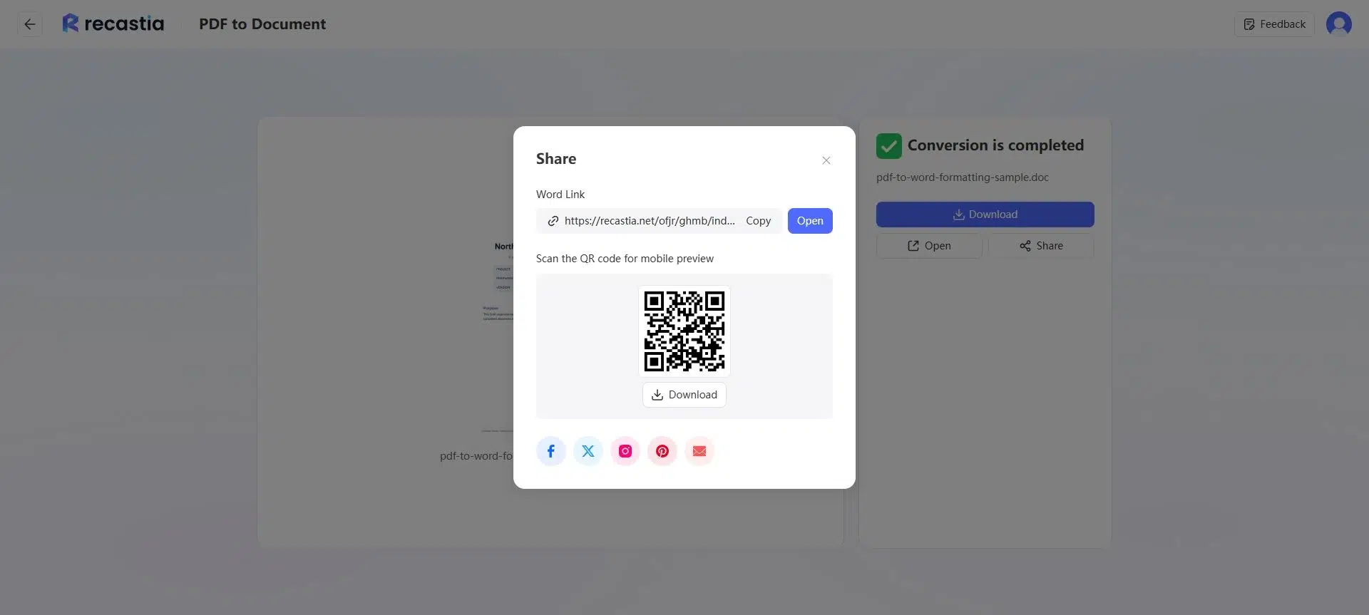 Recastia Share panel with Word link QR code and sharing options