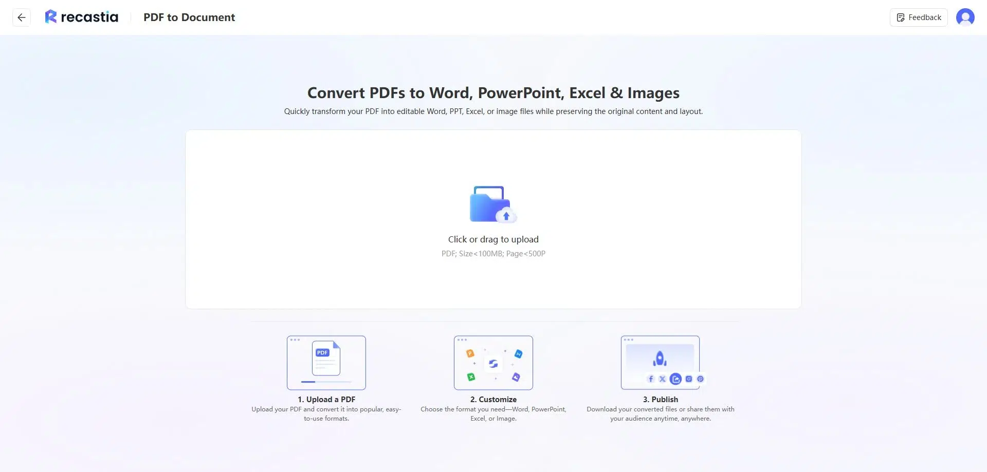 Recastia PDF to Word converter upload area