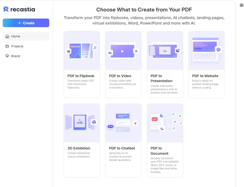 Recastia dashboard with seven PDF content creation paths