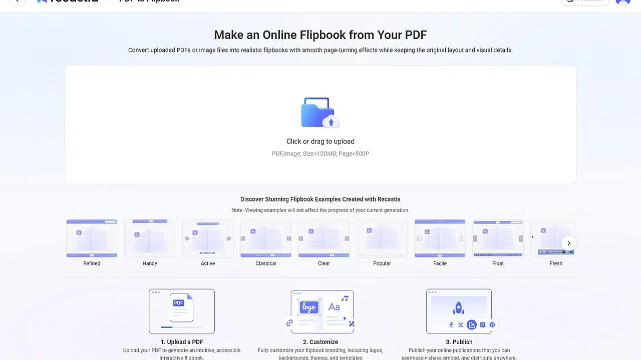 Step 1 upload a PDF catalog in Recastia