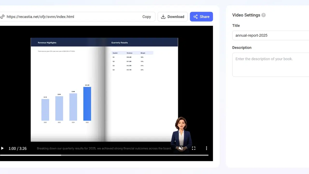 Recastia result page with narrated annual report MP4 video ready to download
