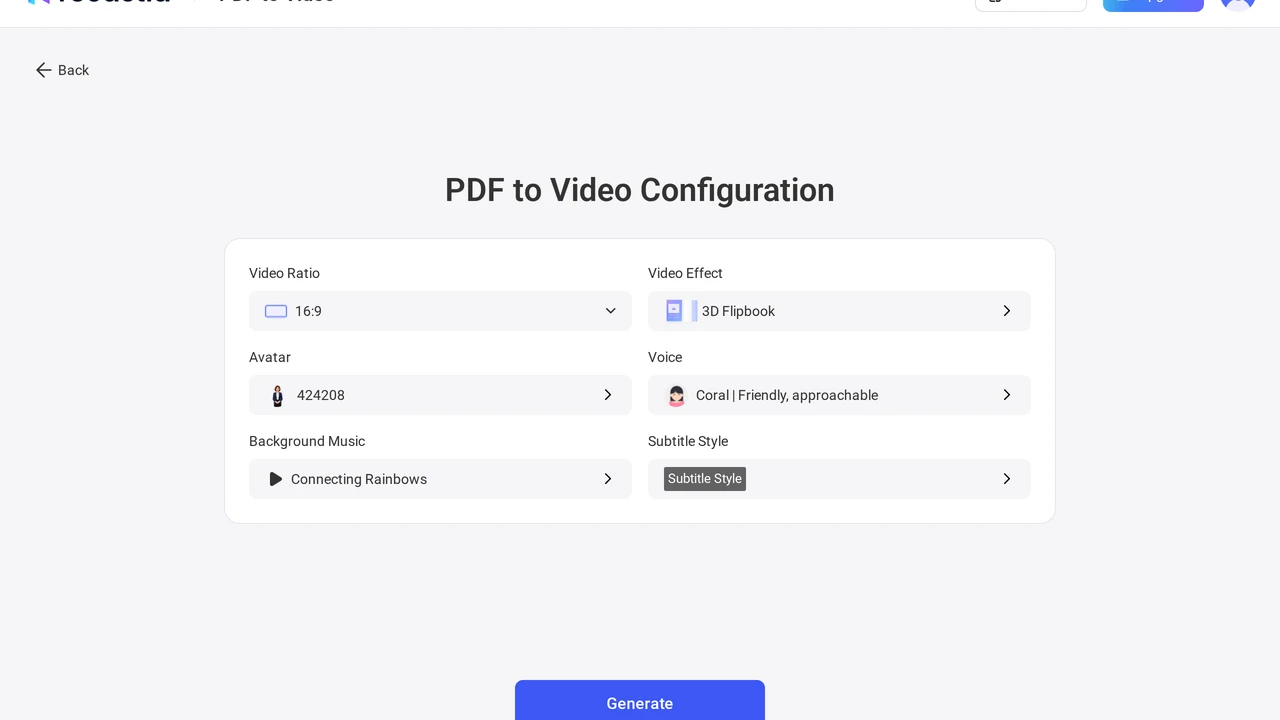 Recastia pdf to video ai configuration options