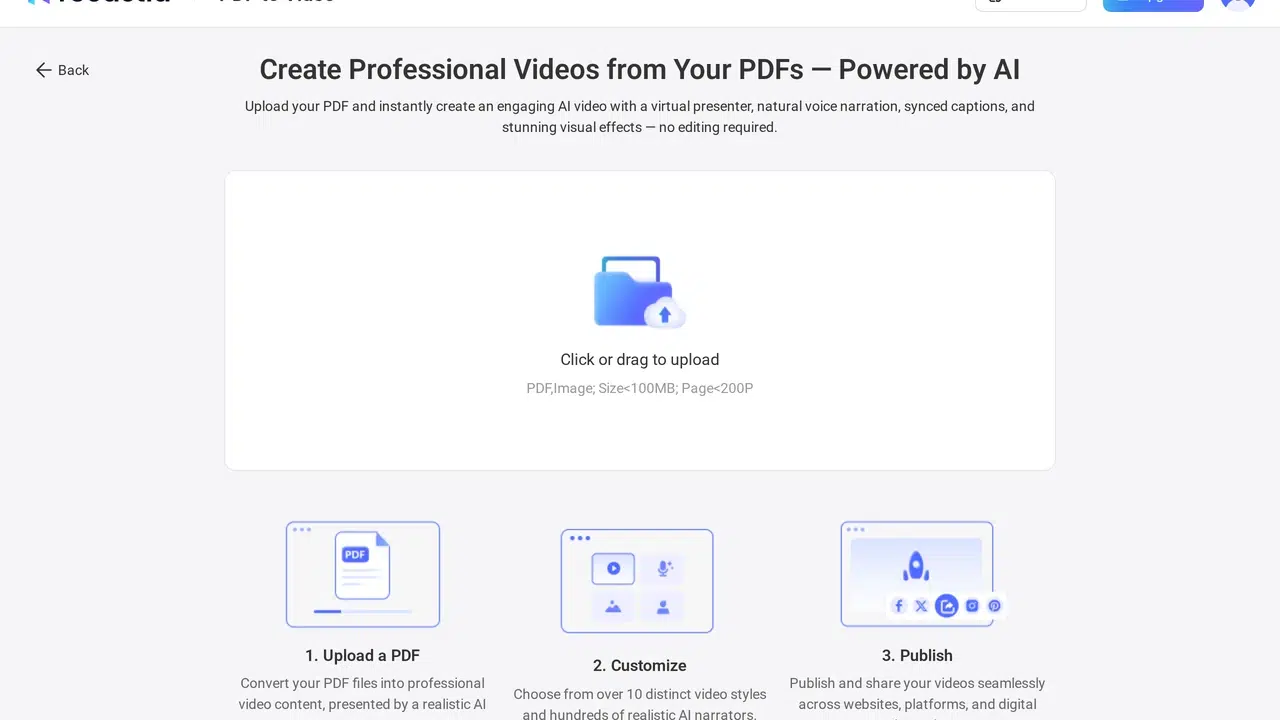 how to turn a pdf into a video with Recastia upload page