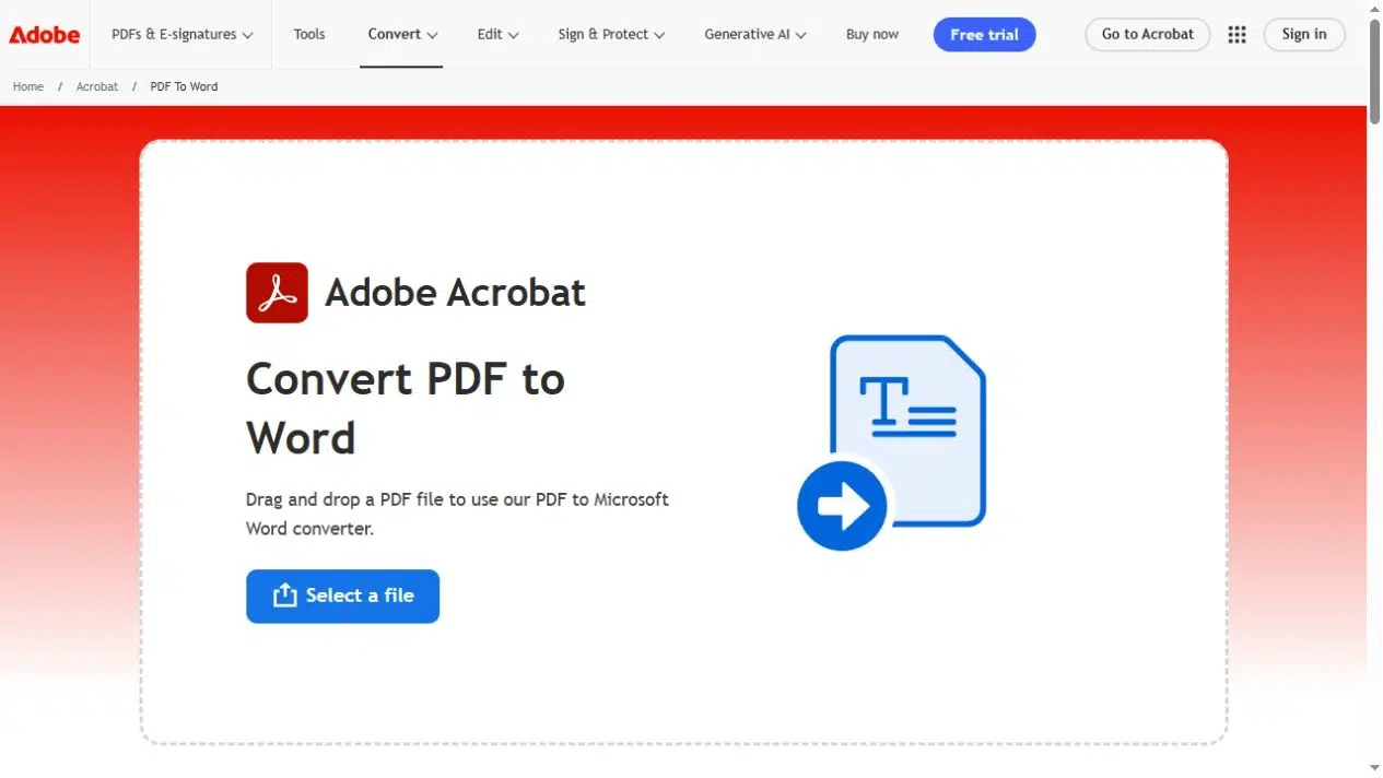 Adobe Acrobat PDF to Word page with its file upload button