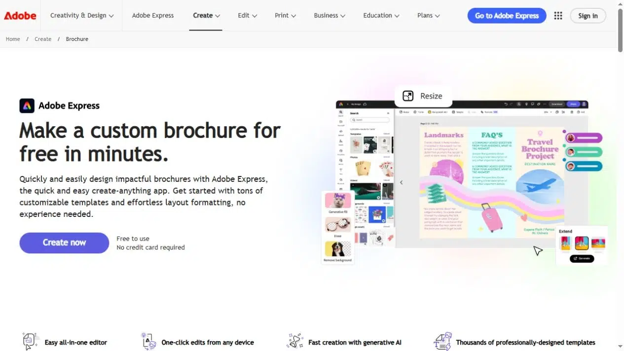 Adobe Express brochure maker page showing brochure layouts and design tools
