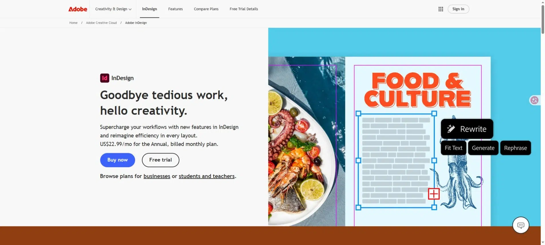 Adobe InDesign page-layout software homepage showing an editorial spread