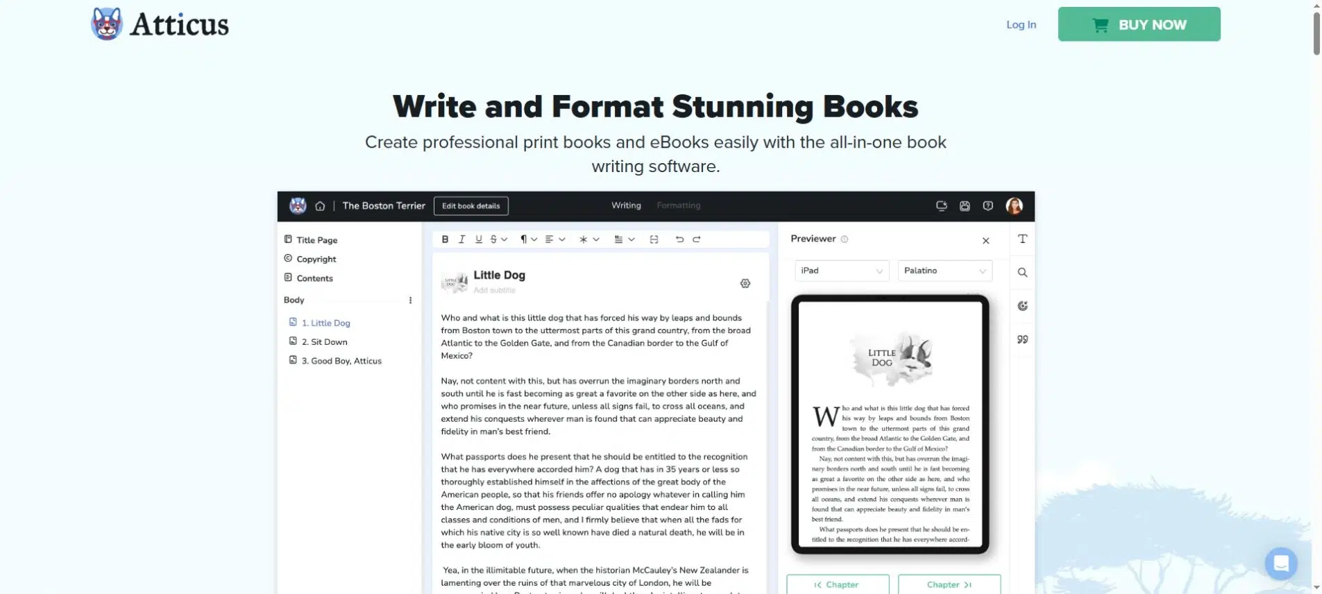 Atticus book writing software page showing a chapter editor and ebook device preview
