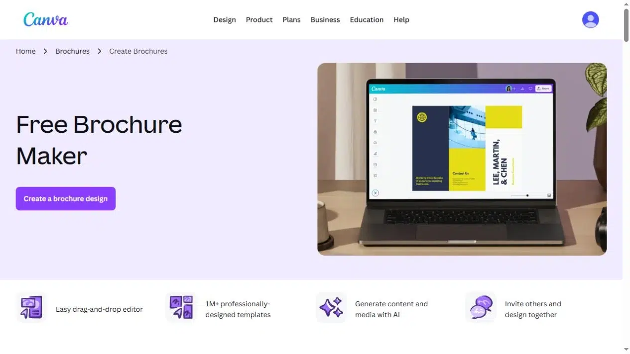 Canva brochure maker page showing brochure design templates and a layout preview