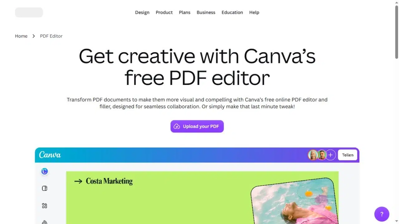 Canva online PDF editor tool page