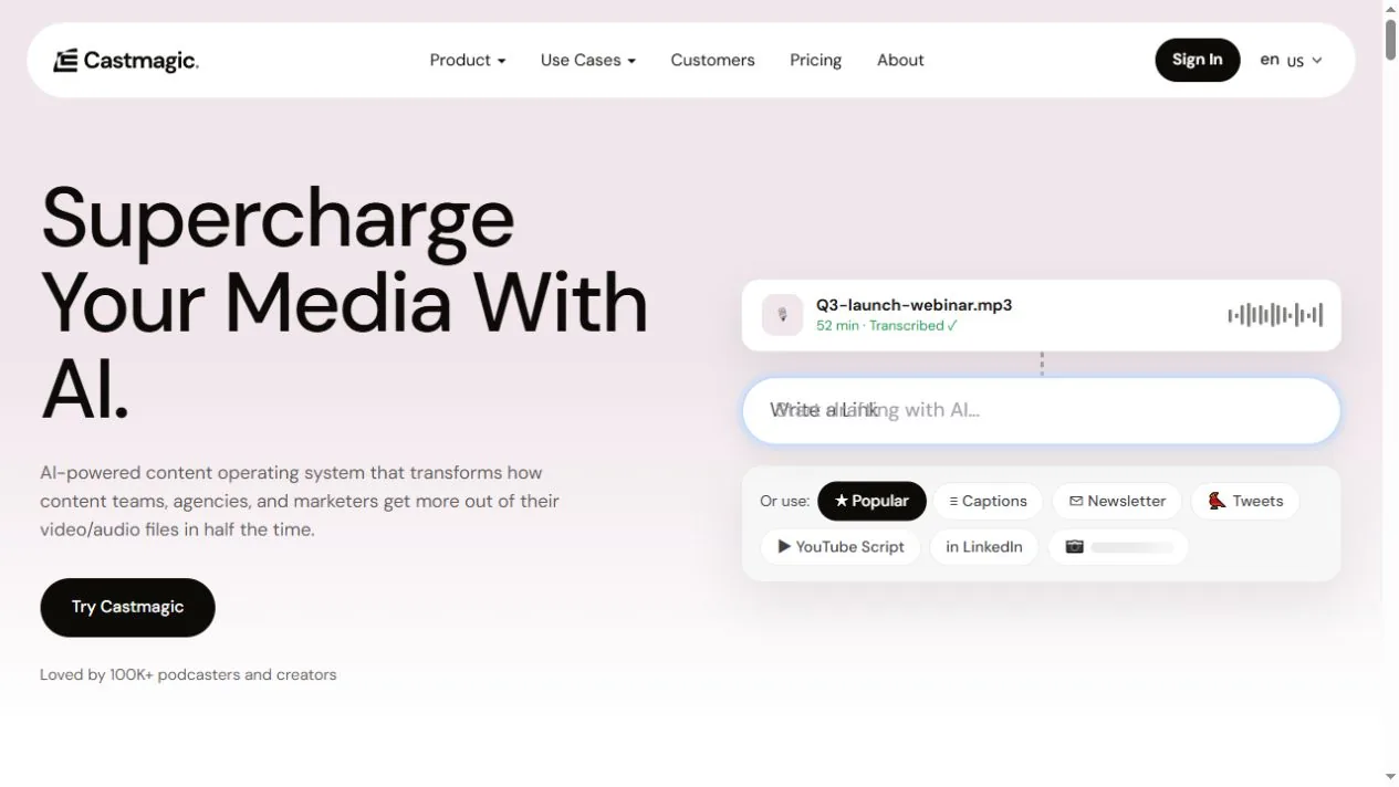 Castmagic homepage for repurposing audio and video