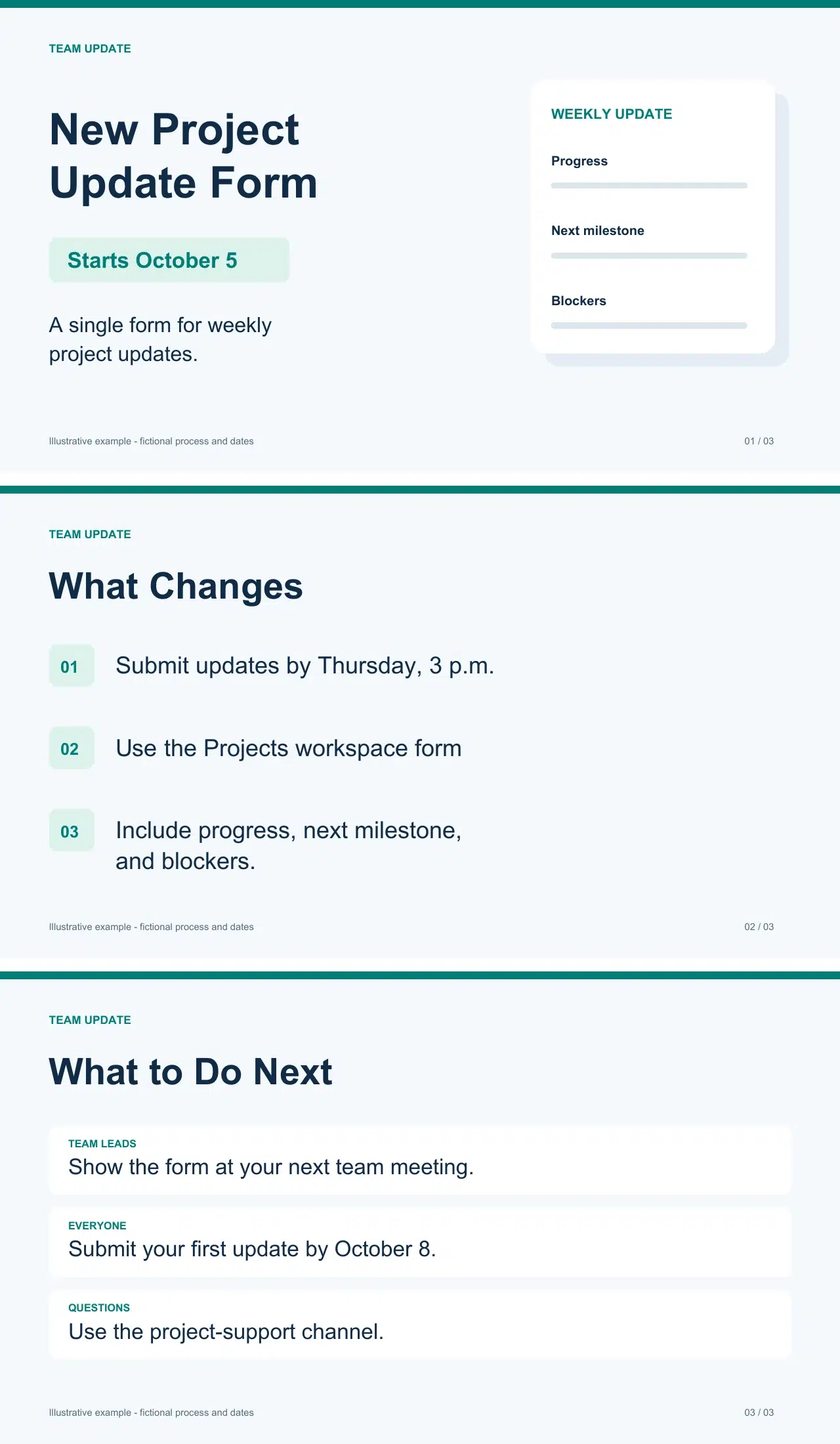 Three-page sample PDF covering a new project update form, submission details, and next actions