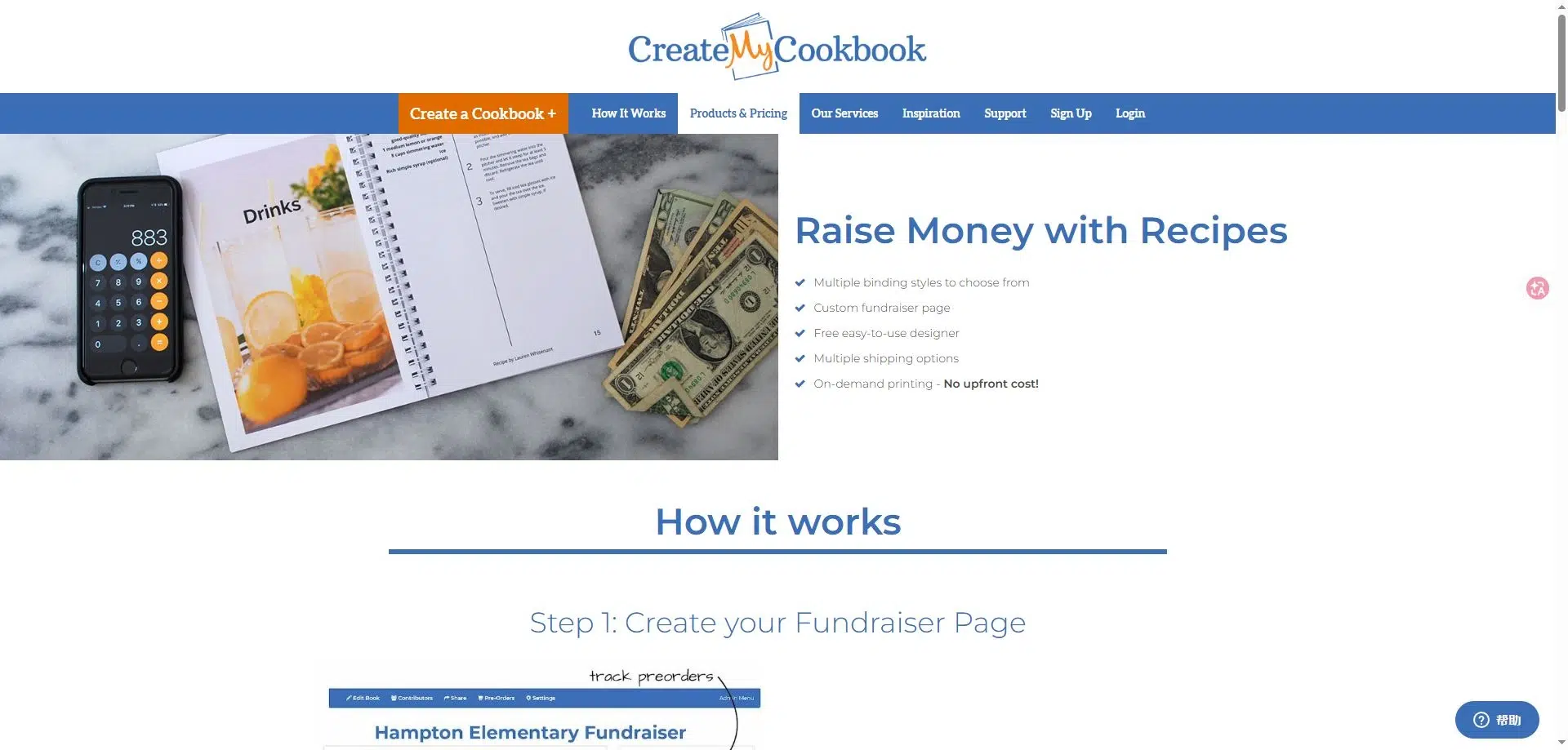 CreateMyCookbook fundraising page with printed recipe books