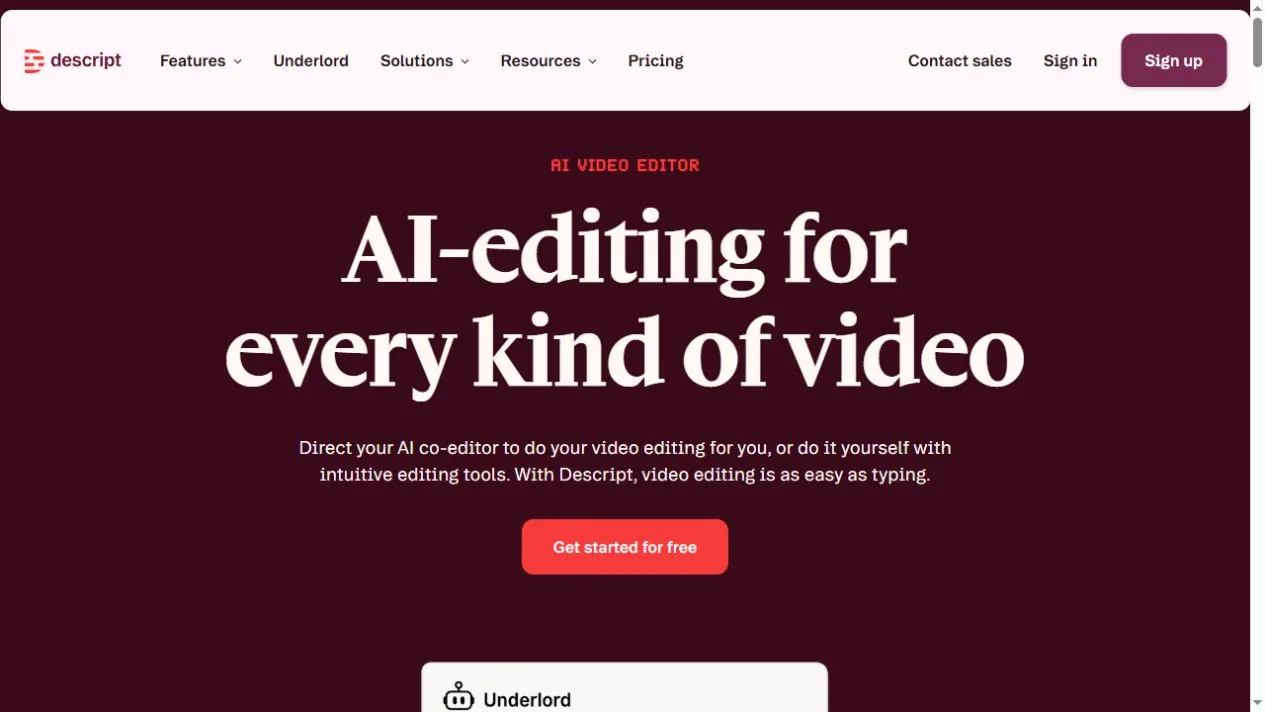 Descript AI video editor homepage