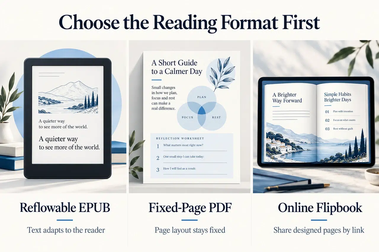Ebook format comparison showing reflowable EPUB, fixed-page PDF, and an online flipbook