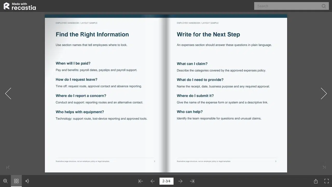 An employee handbook displayed as a two-page flipbook with page navigation in Recastia