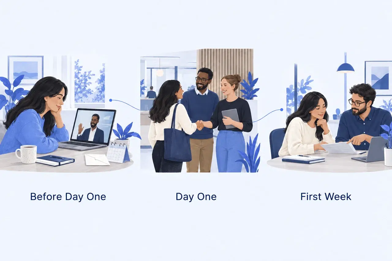 Employee onboarding video stages: before day one, meeting the team, and the first week at work