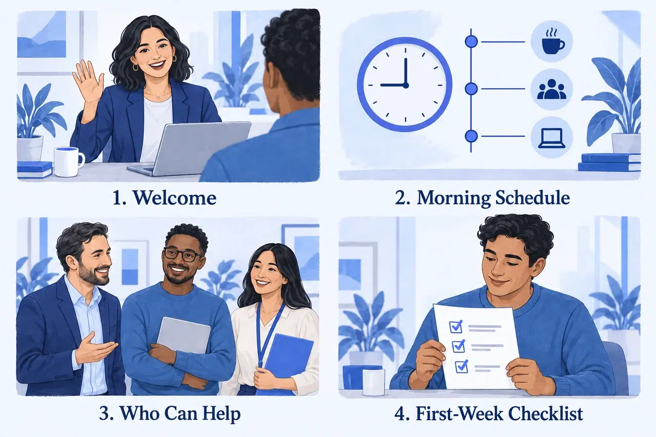 First-day orientation video scenes covering a welcome, morning schedule, support contacts, and first-week checklist