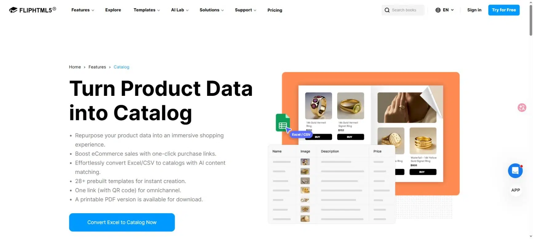 FlipHTML5 catalog software page showing product data and a digital catalog preview
