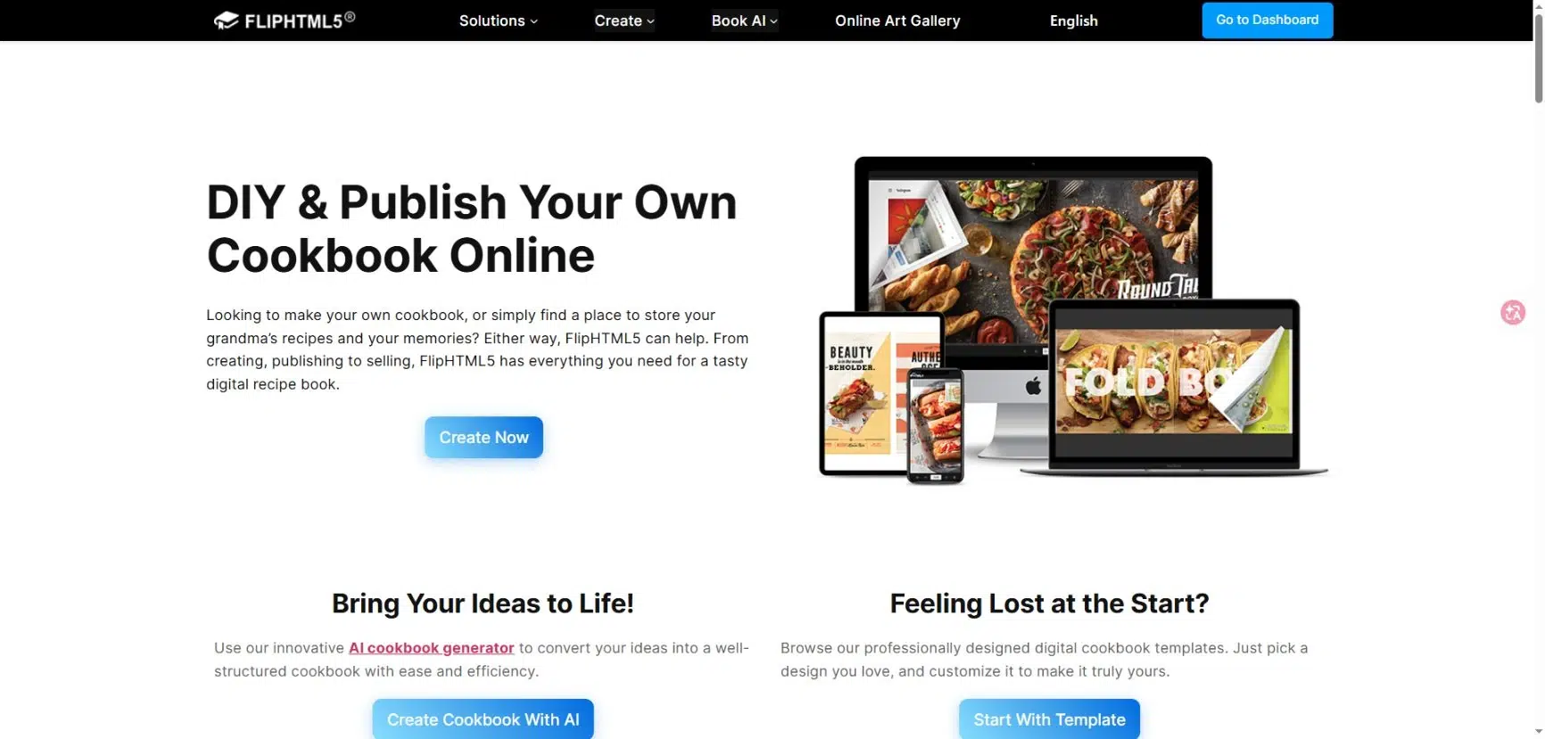 FlipHTML5 online cookbook publishing page with recipe books displayed on multiple devices