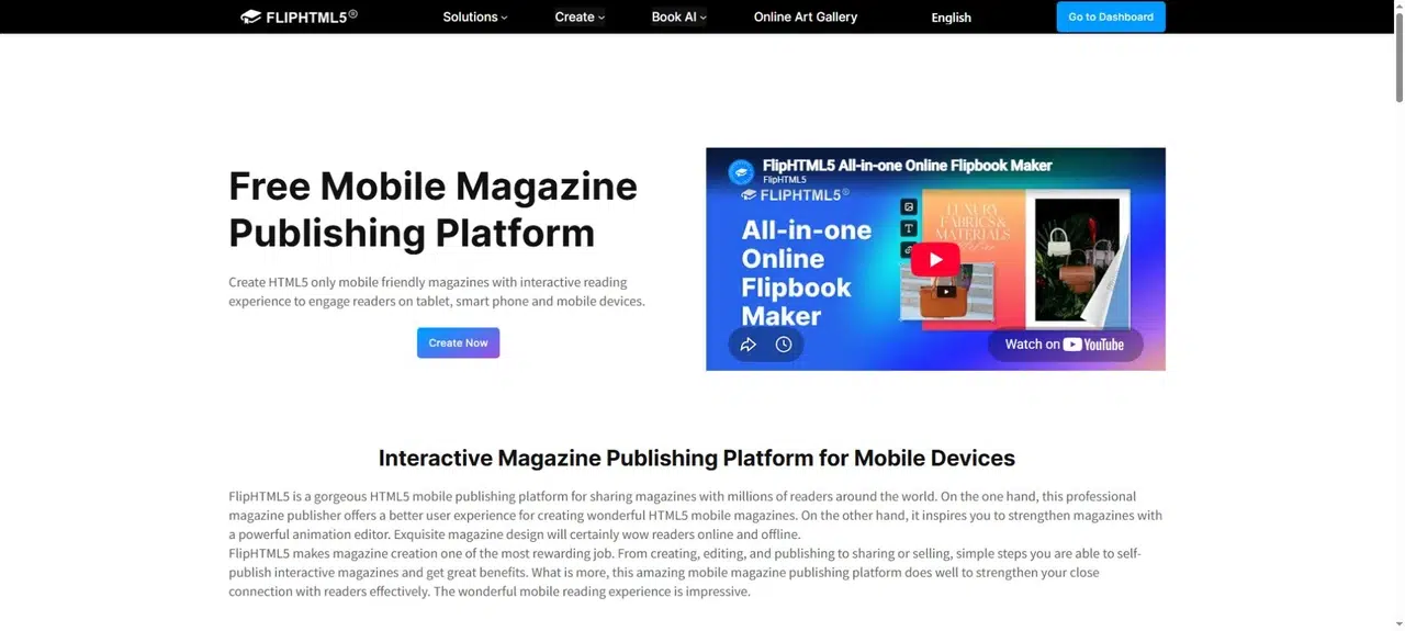FlipHTML5 mobile magazine publishing platform with a digital publication preview