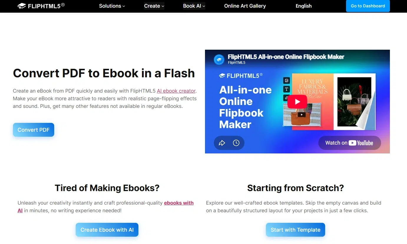 FlipHTML5 PDF to ebook converter product page with an online flipbook preview and ebook creation options