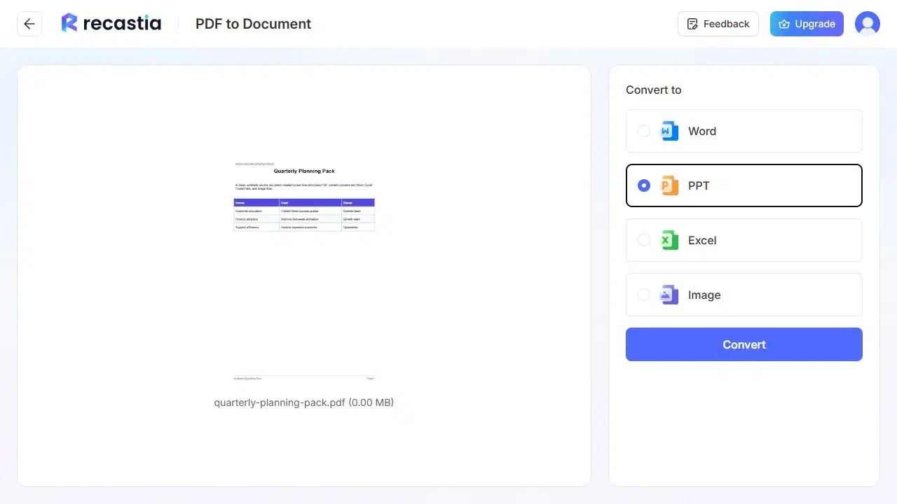 PPT selected as the PDF conversion format in Recastia
