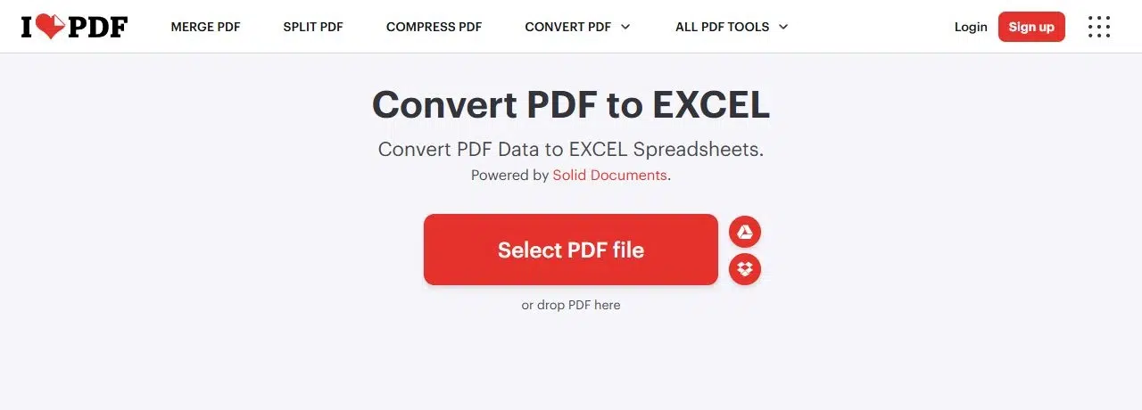 iLovePDF PDF to Excel tool page and Select PDF File button