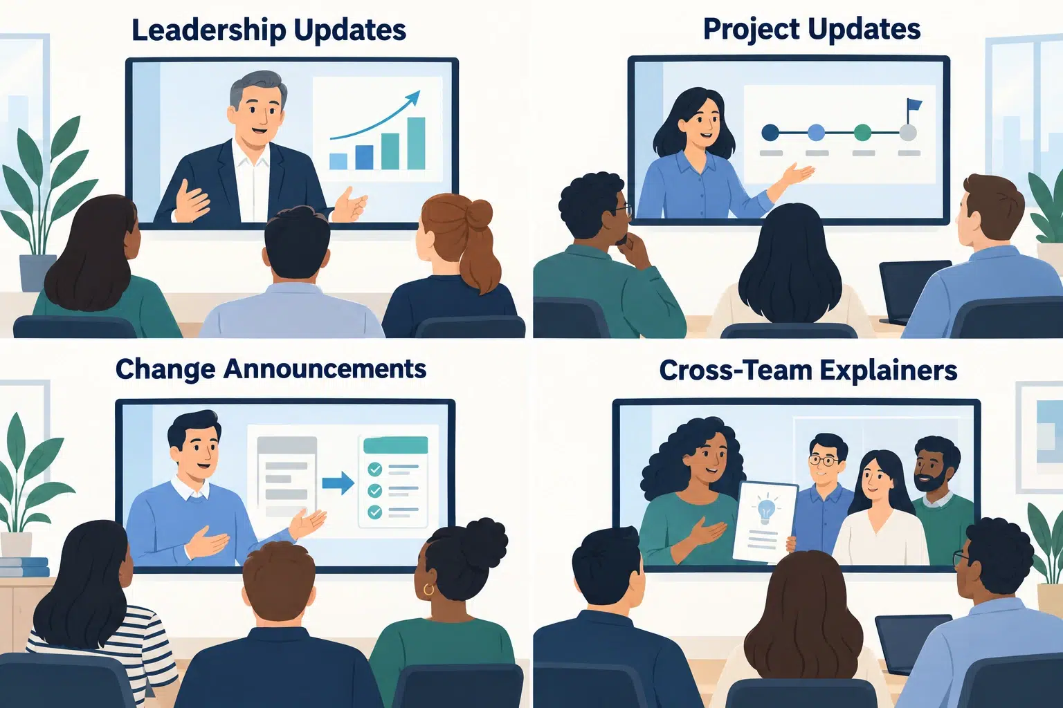 Four types of internal communication videos: leadership updates, project updates, change announcements, and cross-team explainers